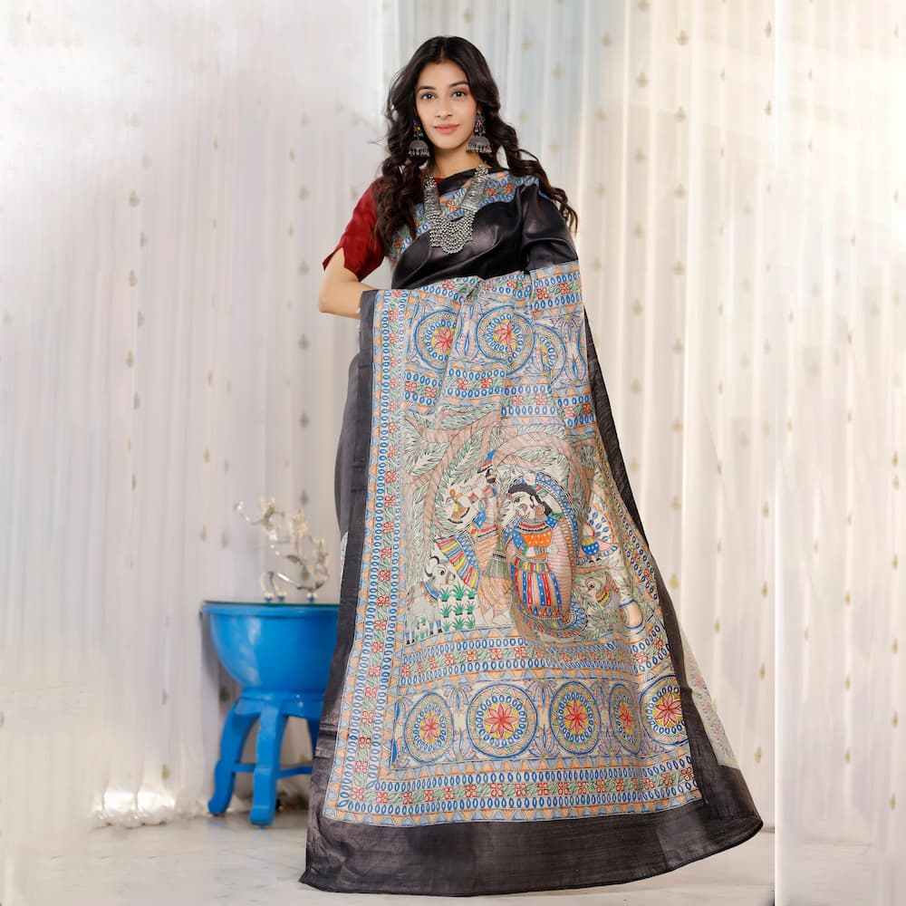 Madhubani Hand-Painted Pure Linen Saree image 6