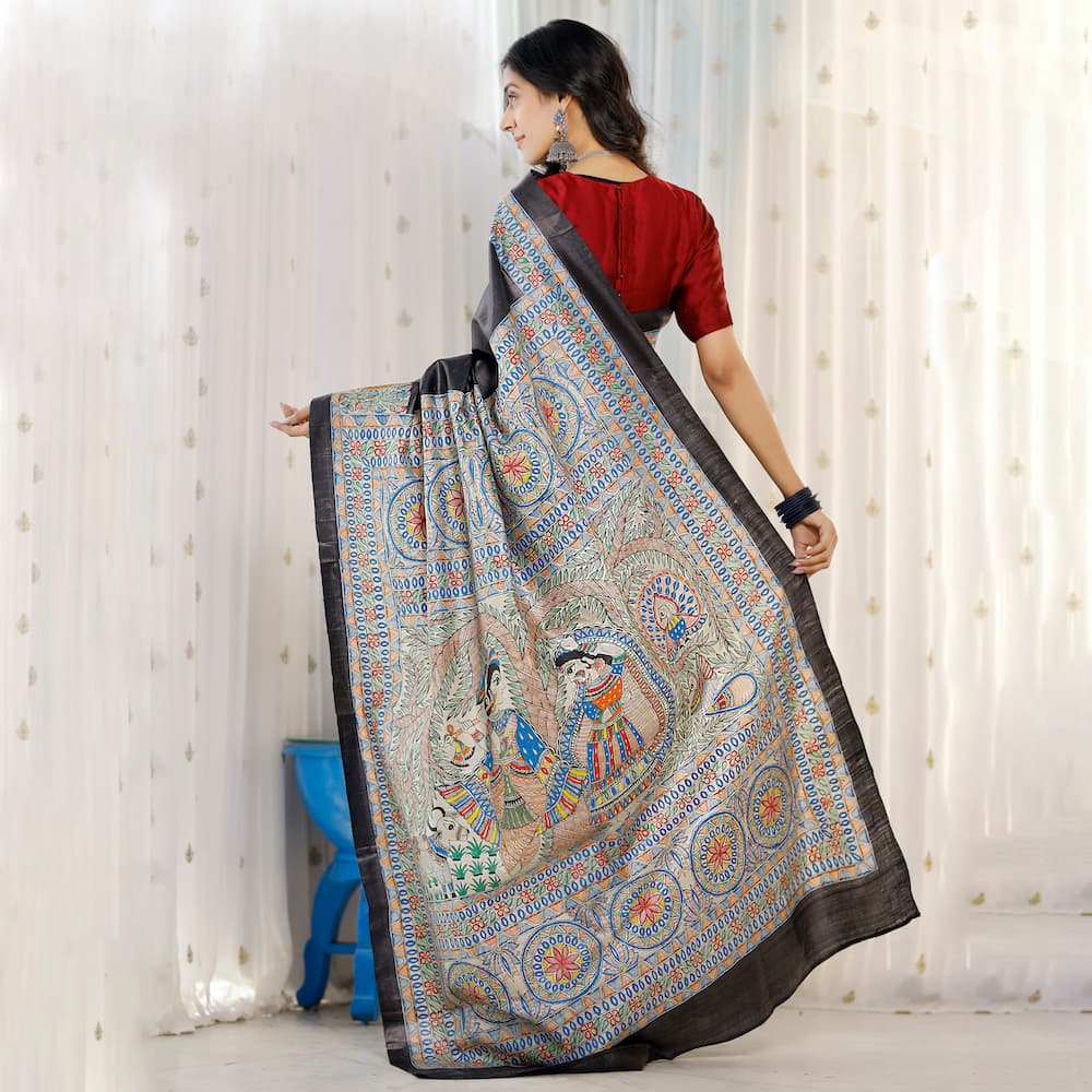 Madhubani Hand-Painted Pure Linen Saree image 1