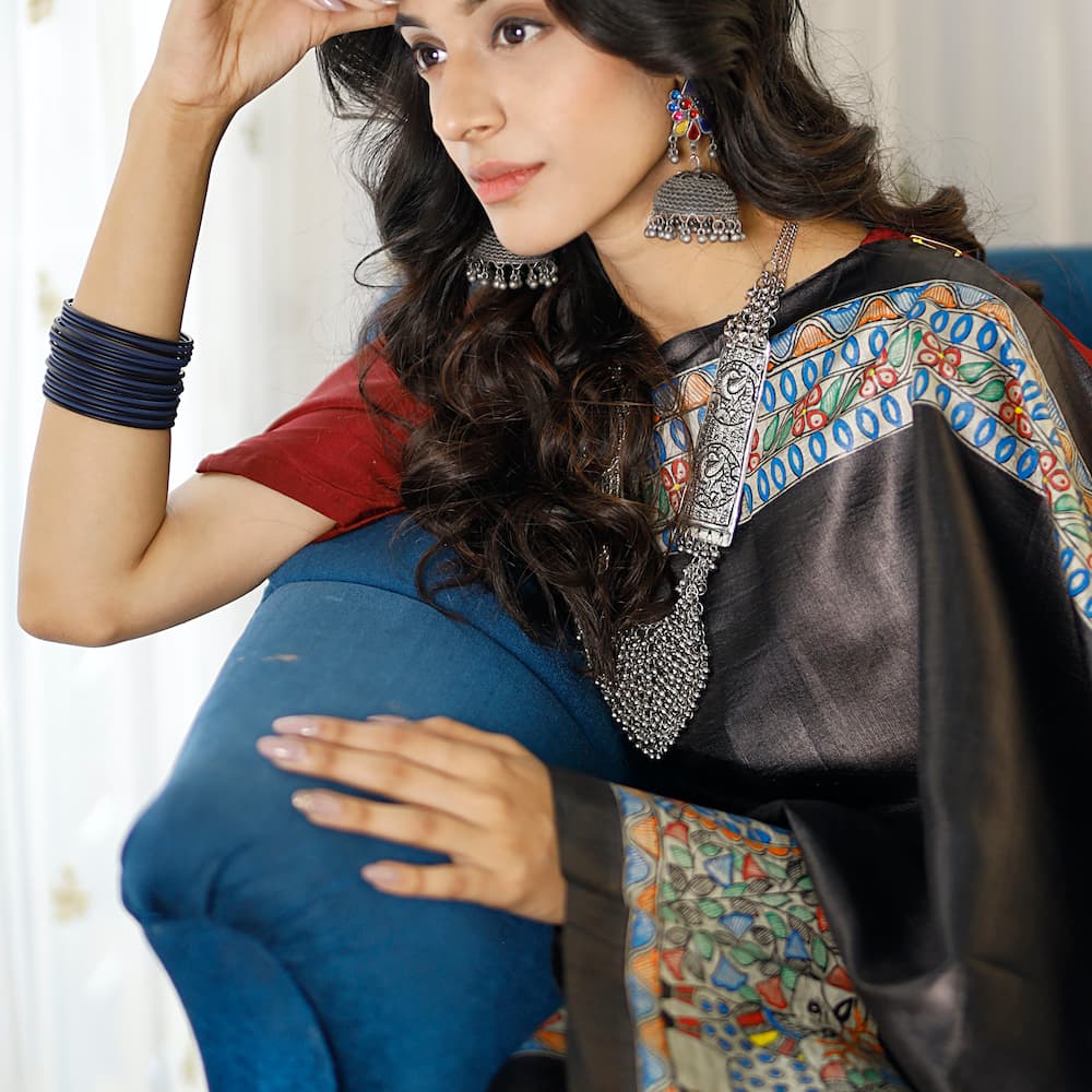 Madhubani Hand-Painted Pure Linen Saree image 7