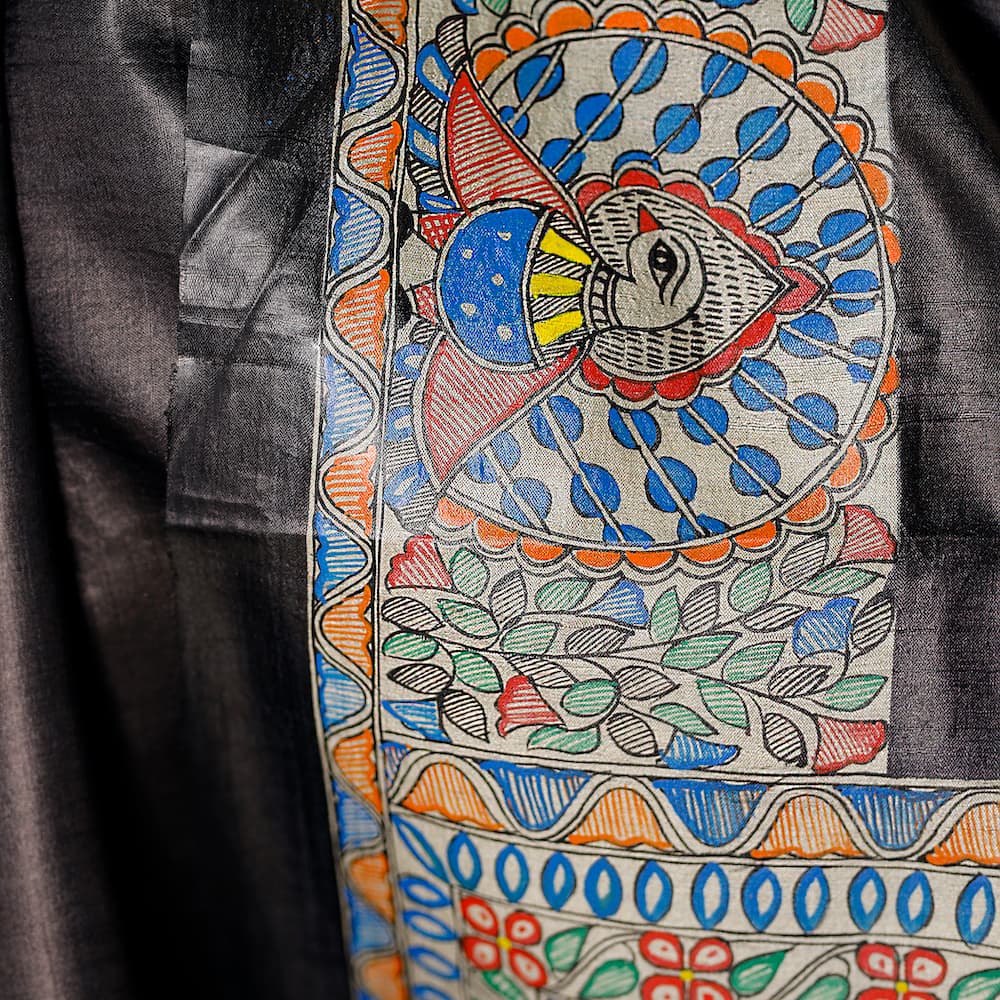 Madhubani Hand-Painted Pure Linen Saree image 8