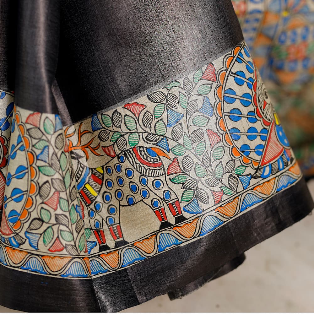 Madhubani Hand-Painted Pure Linen Saree image 9