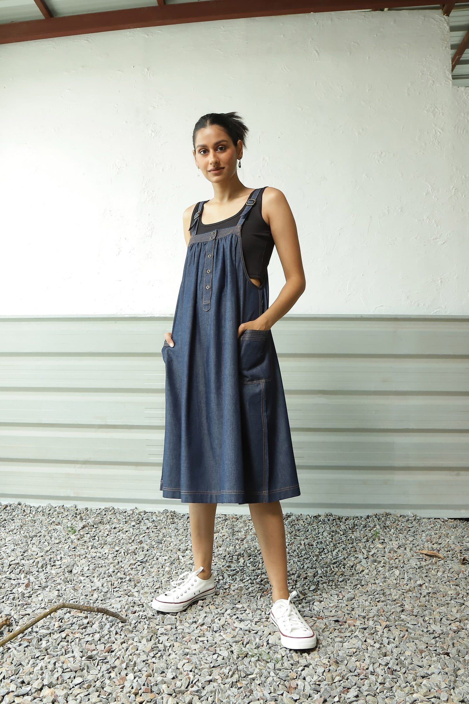 Denim Suspender Dress hover