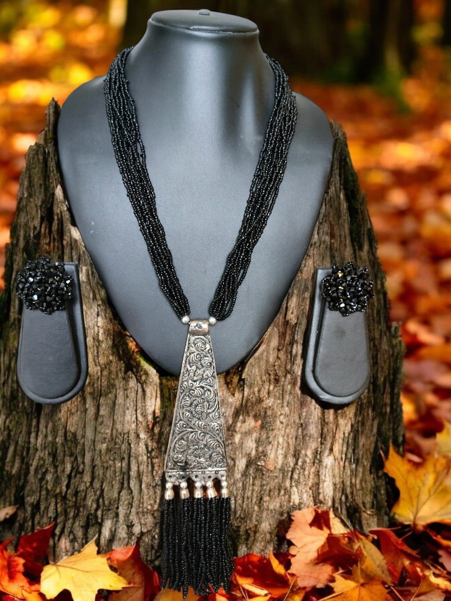 Day-to-Dinner Tie Shaped Oxidized Black Metal Multi-Layered Long Necklace Set image 3