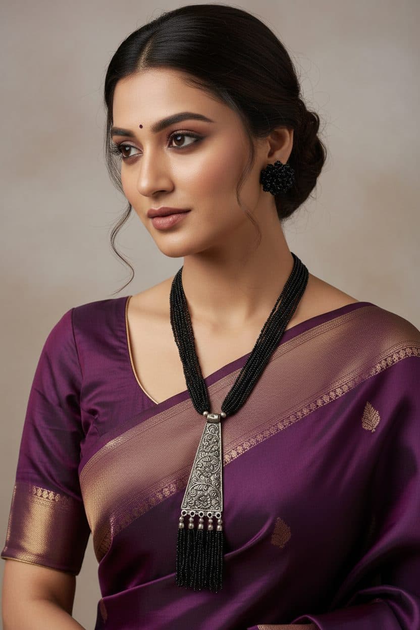 Day-to-Dinner Tie Shaped Oxidized Black Metal Multi-Layered Long Necklace Set image 5