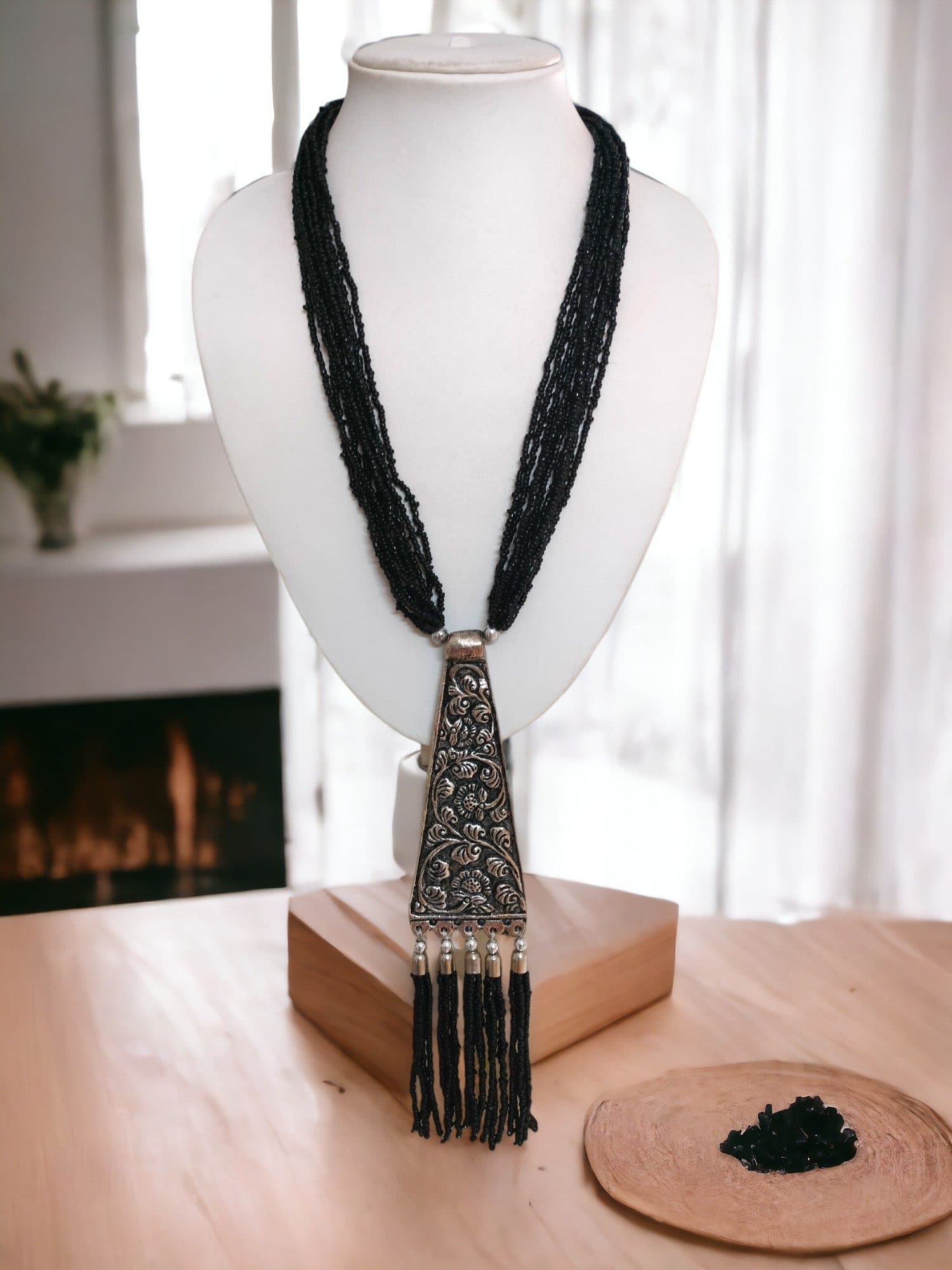 Day-to-Dinner Tie Shaped Oxidized Black Metal Multi-Layered Long Necklace Set hover