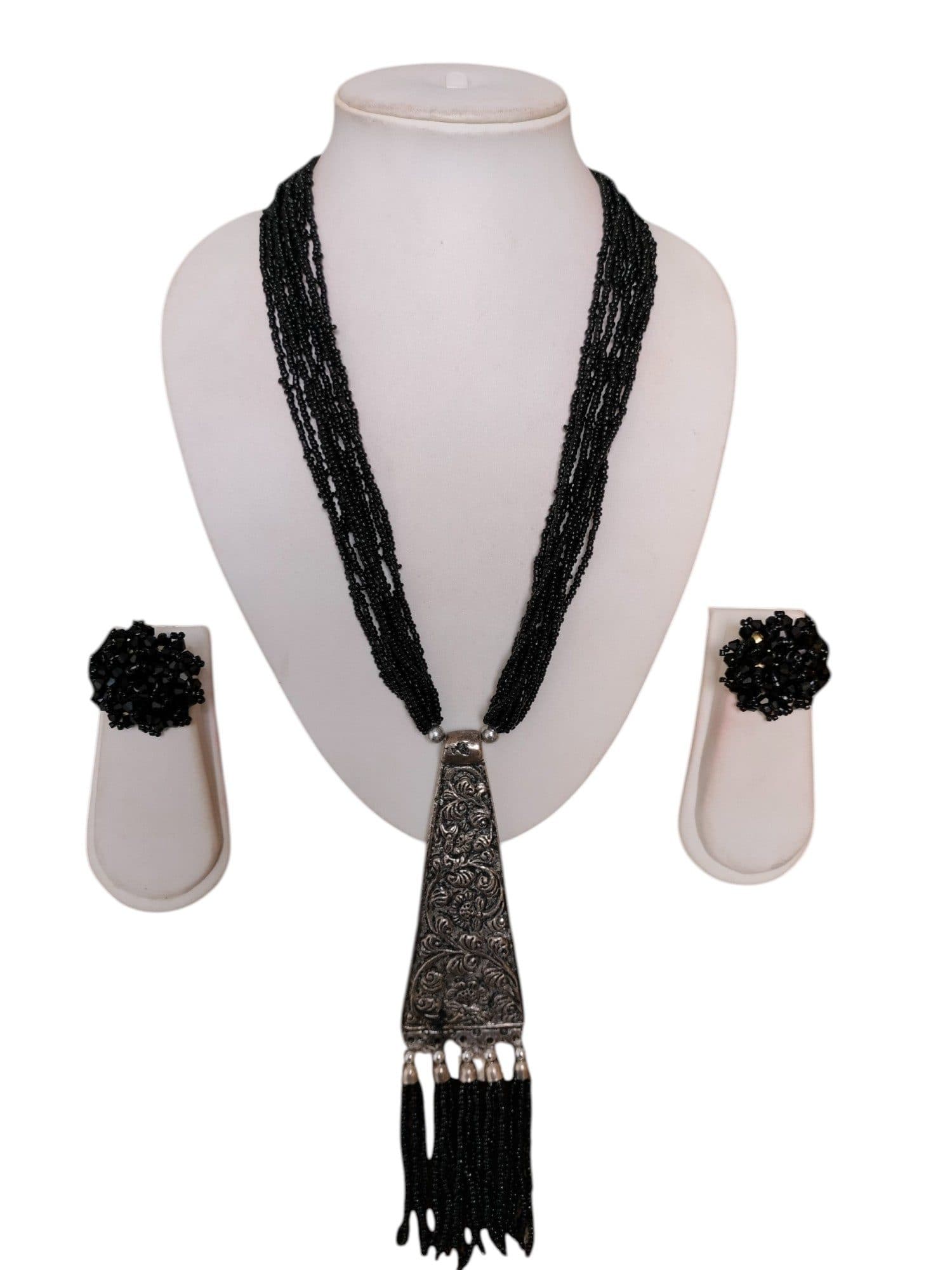Day-to-Dinner Tie Shaped Oxidized Black Metal Multi-Layered Long Necklace Set image 8