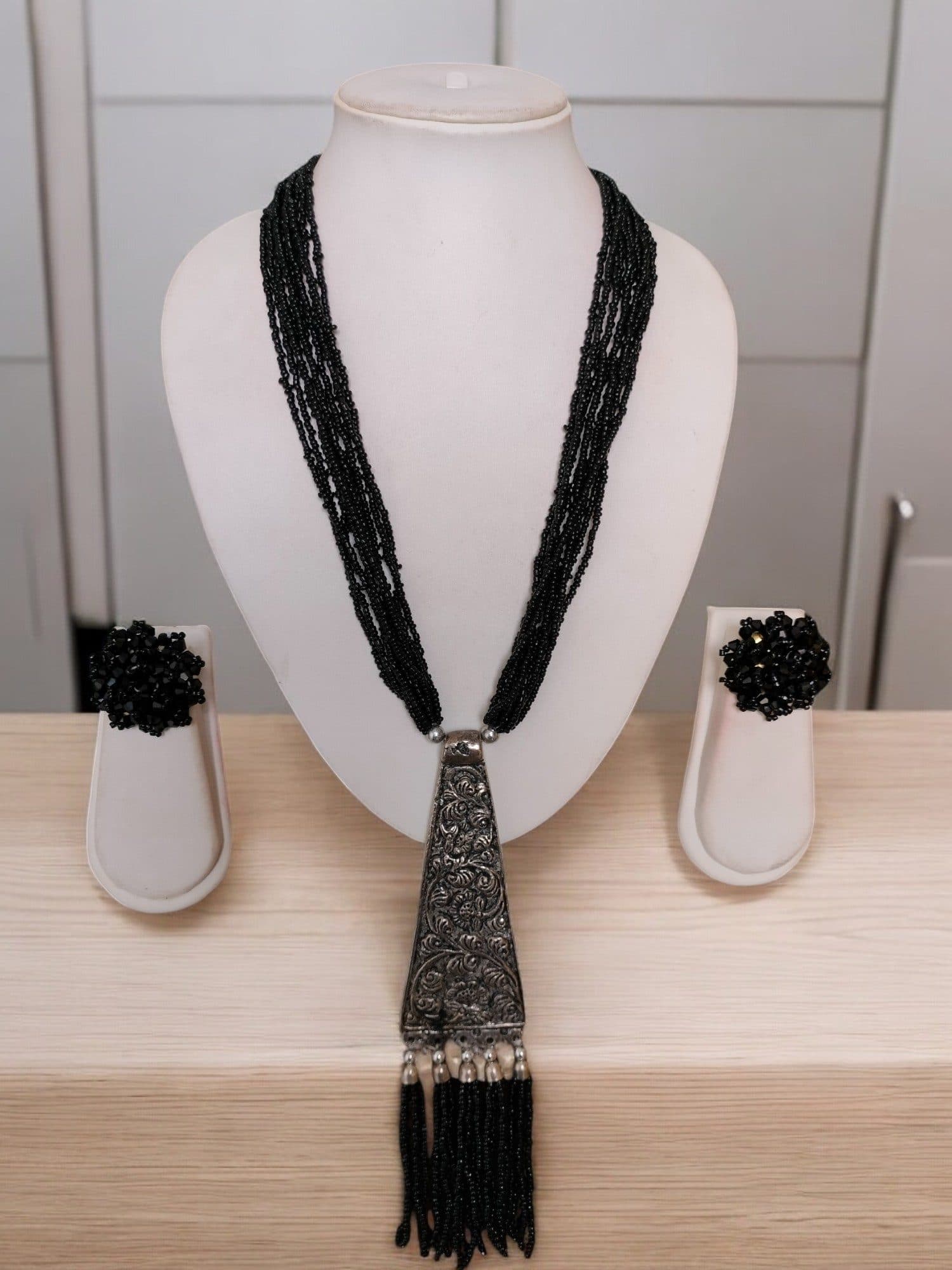 Day-to-Dinner Tie Shaped Oxidized Black Metal Multi-Layered Long Necklace Set image 10