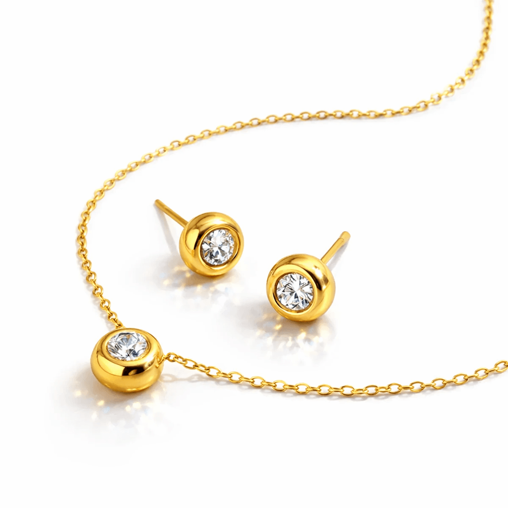 Dainty CZ Pendant Necklace & Stud Earrings Set 18K PVD Gold Plating