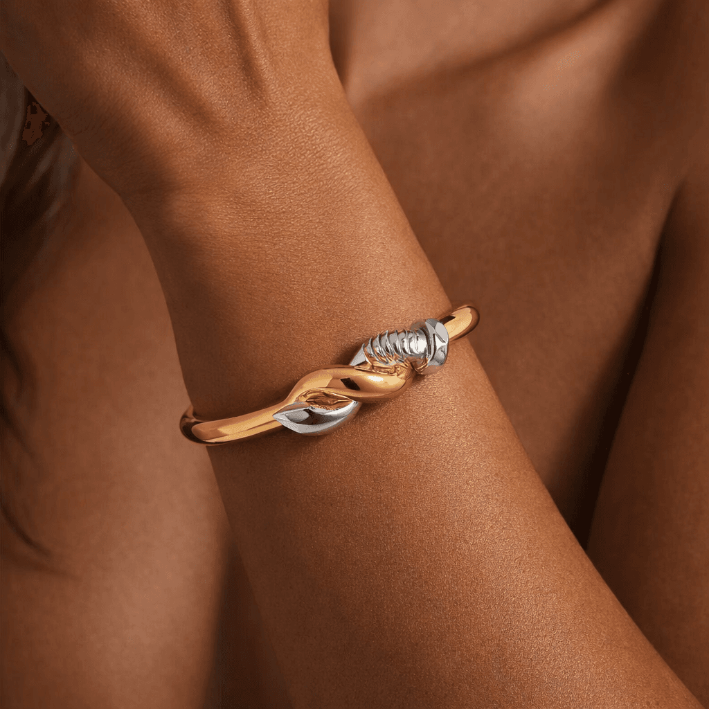 18K Gold Plated Dual Knot Nail Cuff Bracelet for Women | Minimal Open Cuff Bangle hover