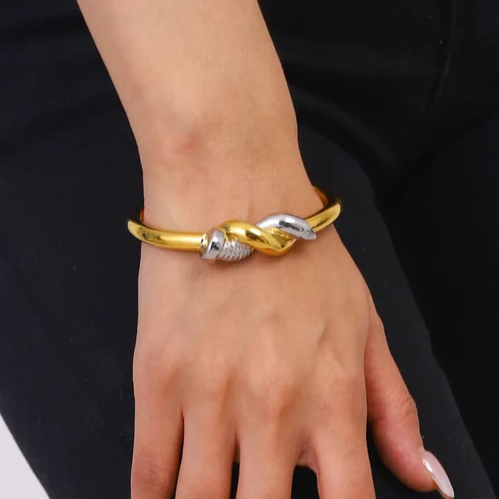 18K Gold Plated Dual Knot Nail Cuff Bracelet for Women | Minimal Open Cuff Bangle image 3