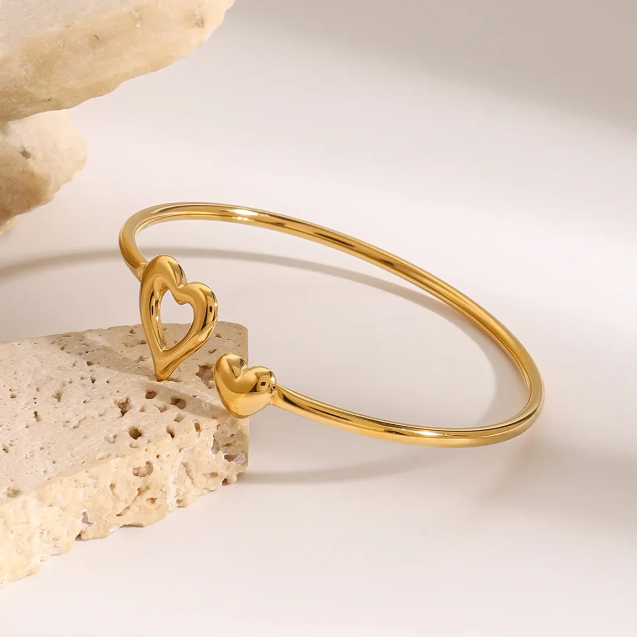 Minimal 18K Gold Plated Double Heart Cuff Bracelet | Romantic Open Bangle for Women image 5