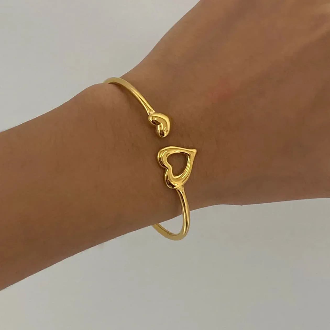 Minimal 18K Gold Plated Double Heart Cuff Bracelet | Romantic Open Bangle for Women hover