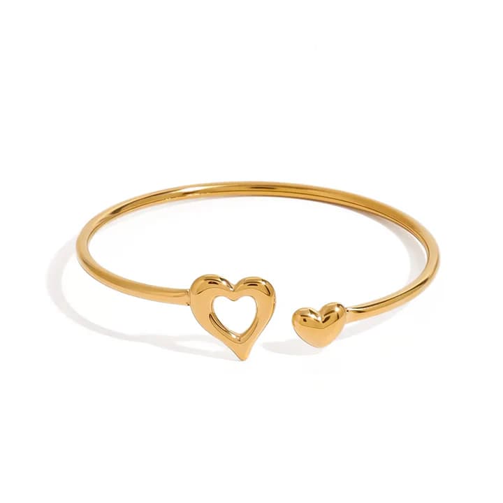 Minimal 18K Gold Plated Double Heart Cuff Bracelet | Romantic Open Bangle for Women