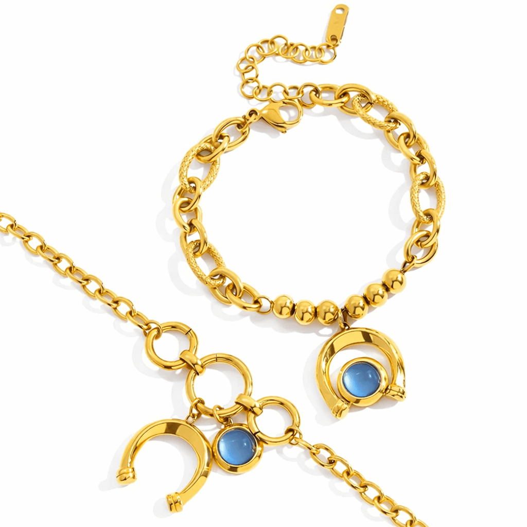 Blue Stone Crescent Charm Chain Bracelet – 18K PVD Gold Plated
