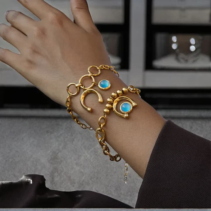 Blue Stone Crescent Charm Chain Bracelet – 18K PVD Gold Plated hover