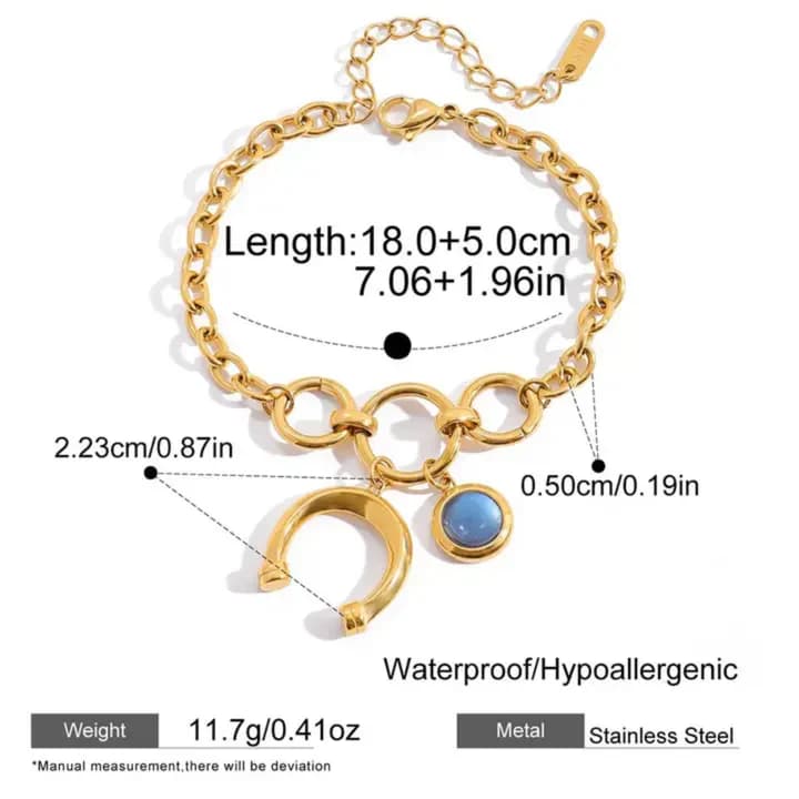 Blue Stone Crescent Charm Chain Bracelet – 18K PVD Gold Plated image 3