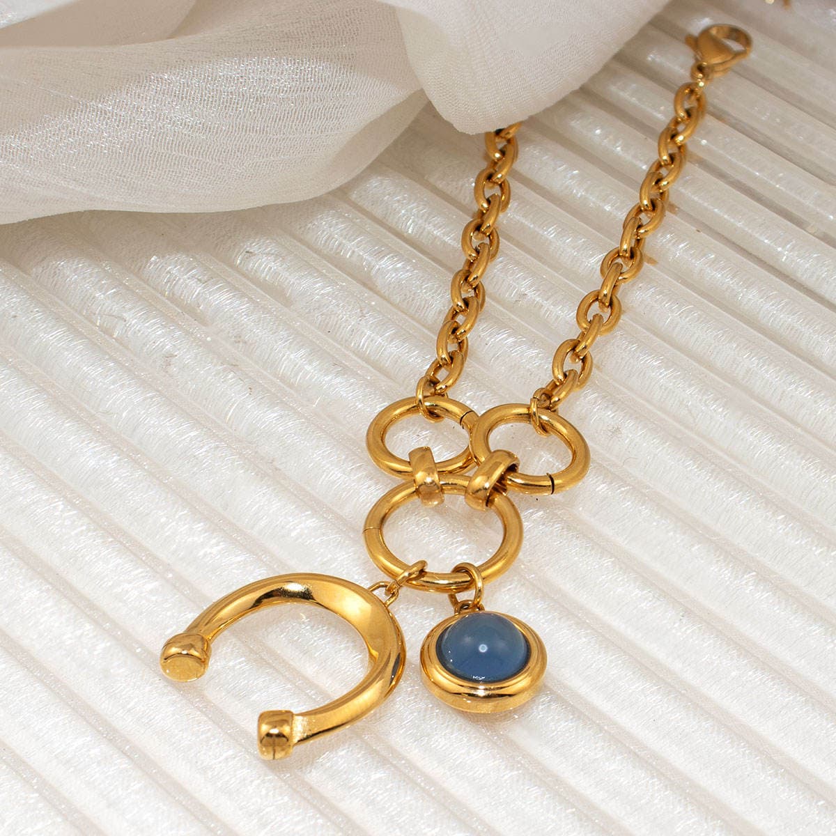 Blue Stone Crescent Charm Chain Bracelet – 18K PVD Gold Plated image 4
