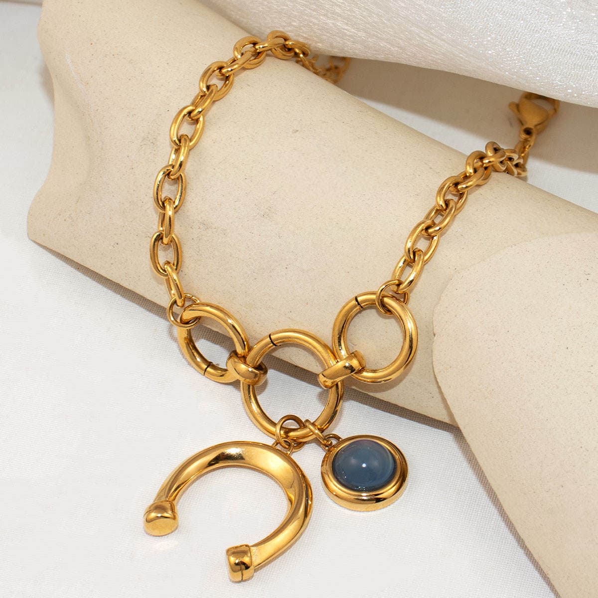 Blue Stone Crescent Charm Chain Bracelet – 18K PVD Gold Plated image 5