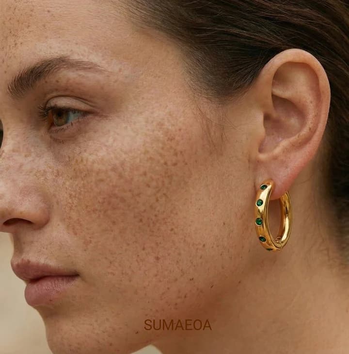 Green Stone Chunky Hoop Earrings – 18K Gold Plated Statement Hoops for Women image 3