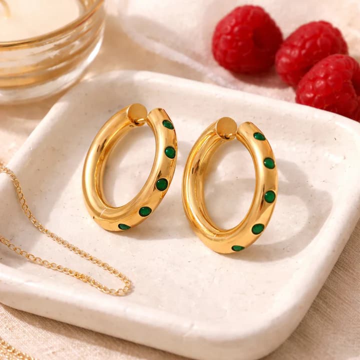 Green Stone Chunky Hoop Earrings – 18K Gold Plated Statement Hoops for Women image 4