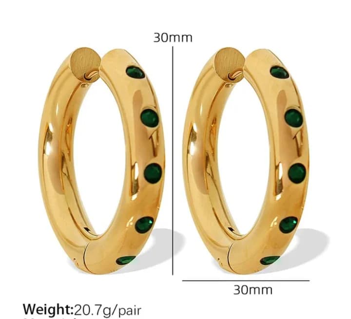 Green Stone Chunky Hoop Earrings – 18K Gold Plated Statement Hoops for Women hover