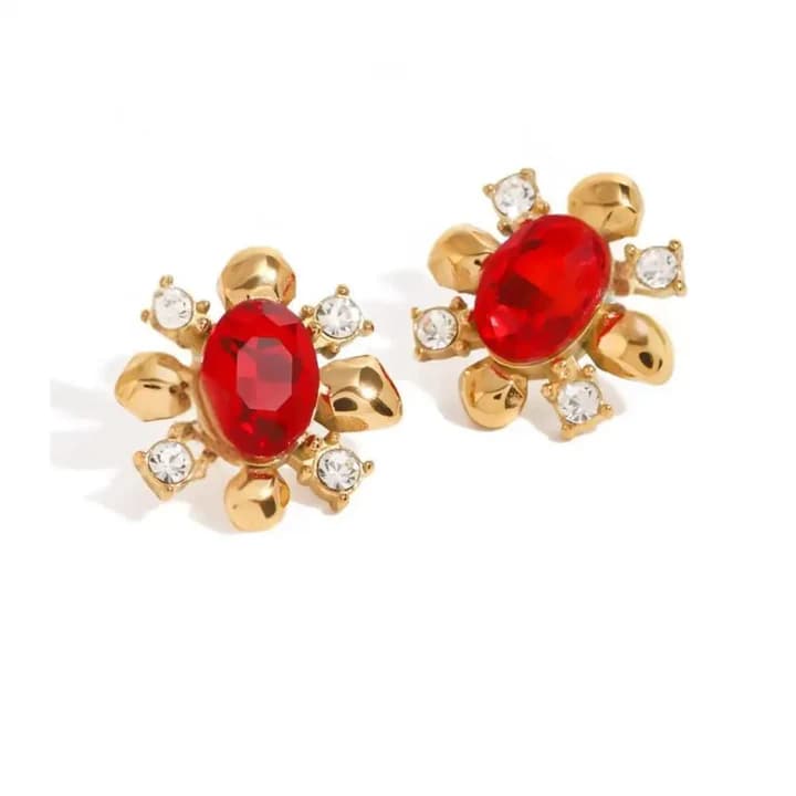 Ruby Red Statement Stud Earrings – 18K Gold Plated Earrings for Women