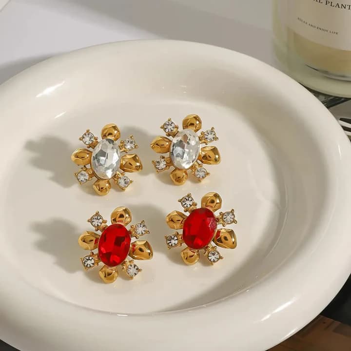 Ruby Red Statement Stud Earrings – 18K Gold Plated Earrings for Women hover