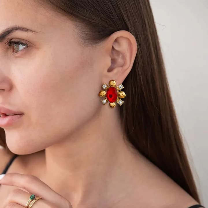 Ruby Red Statement Stud Earrings – 18K Gold Plated Earrings for Women image 4