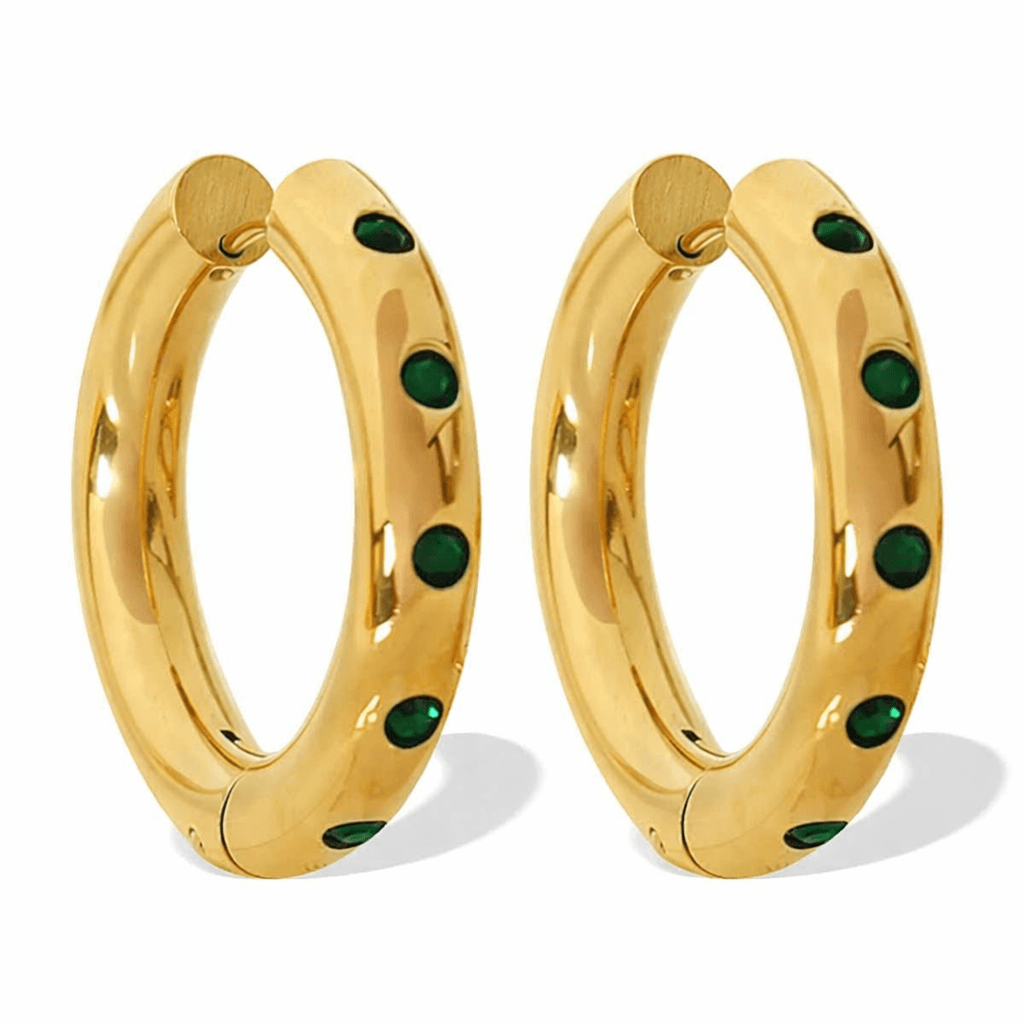 Green Stone Chunky Hoop Earrings – 18K Gold Plated Statement Hoops for Women