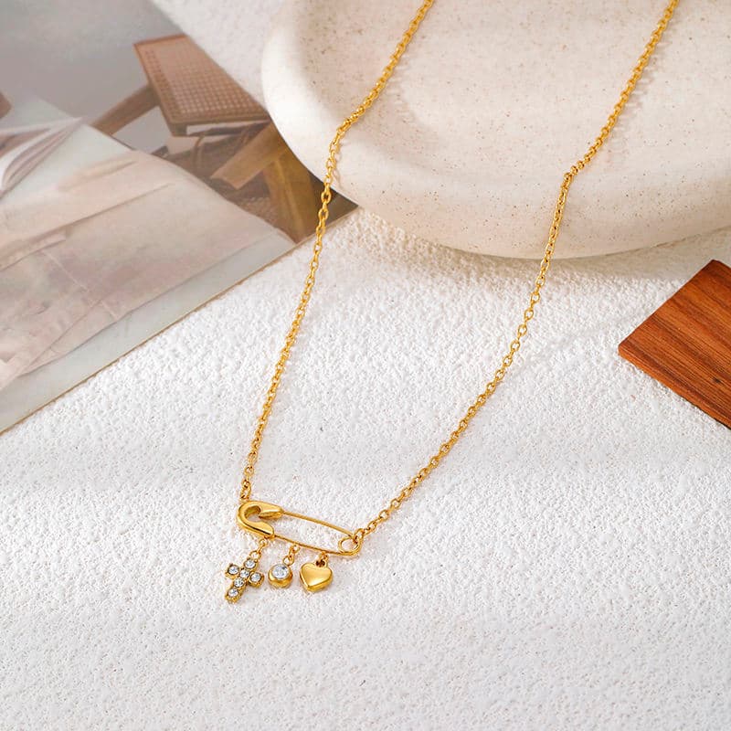 Luna Safety Pin Charm Necklace – 18K Gold Plated Lock, Key & Heart Pendant Chain image 3