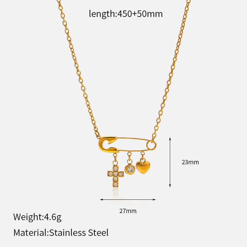 Luna Safety Pin Charm Necklace – 18K Gold Plated Lock, Key & Heart Pendant Chain image 4