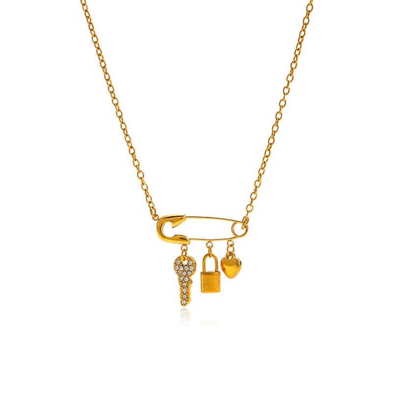 Luna Safety Pin Charm Necklace – 18K Gold Plated Lock, Key & Heart Pendant Chain