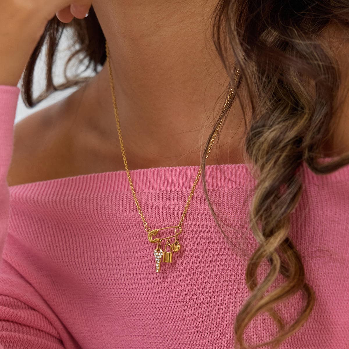 Luna Safety Pin Charm Necklace – 18K Gold Plated Lock, Key & Heart Pendant Chain image 5