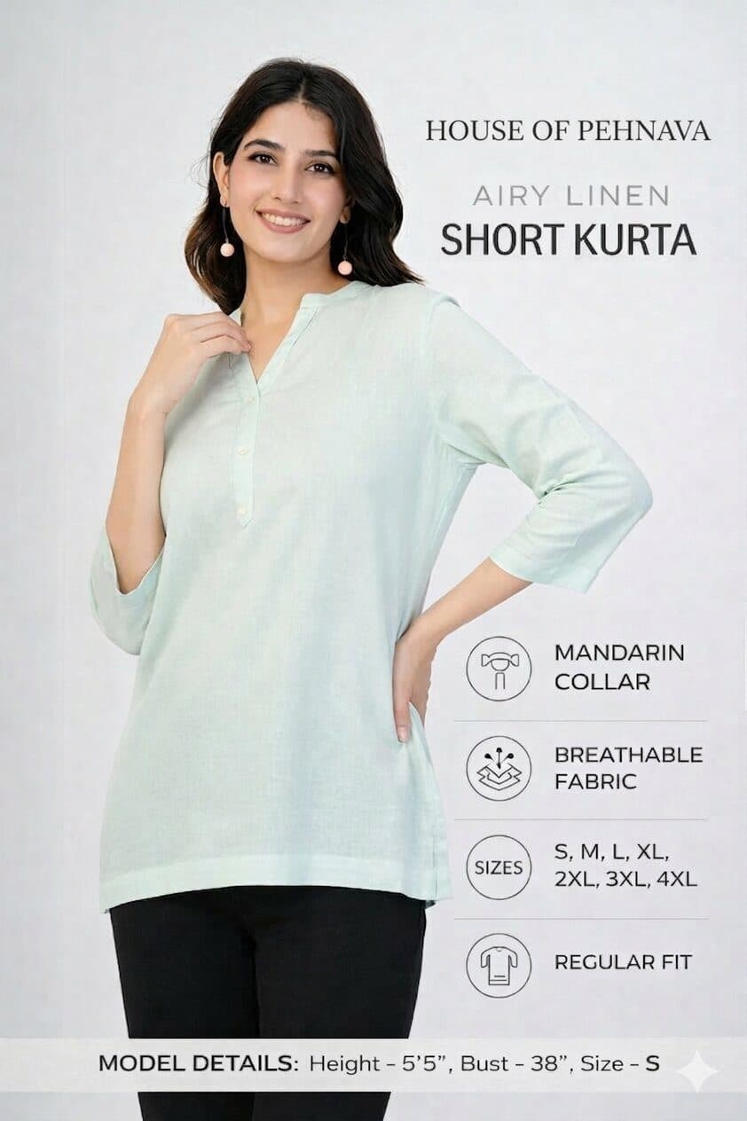 Mint Green Airy Linen Short Kurta image 3