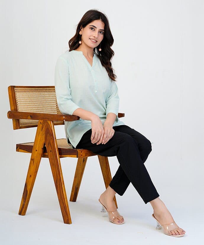 Mint Green Airy Linen Short Kurta image 4