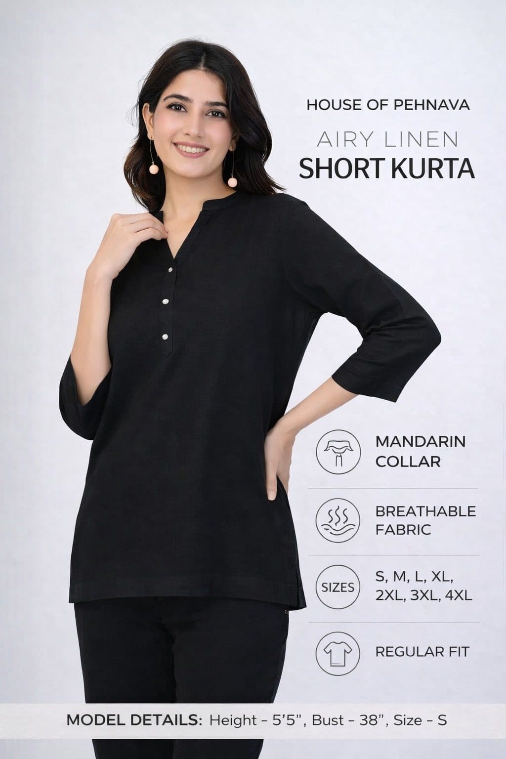 Black Airy Linen Short Kurta image 1