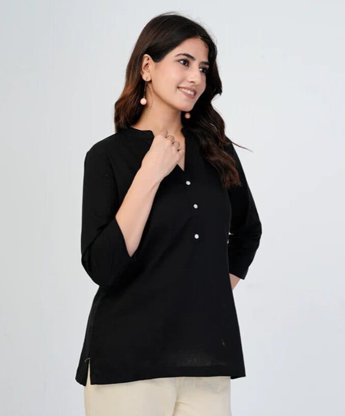Black Airy Linen Short Kurta image 4
