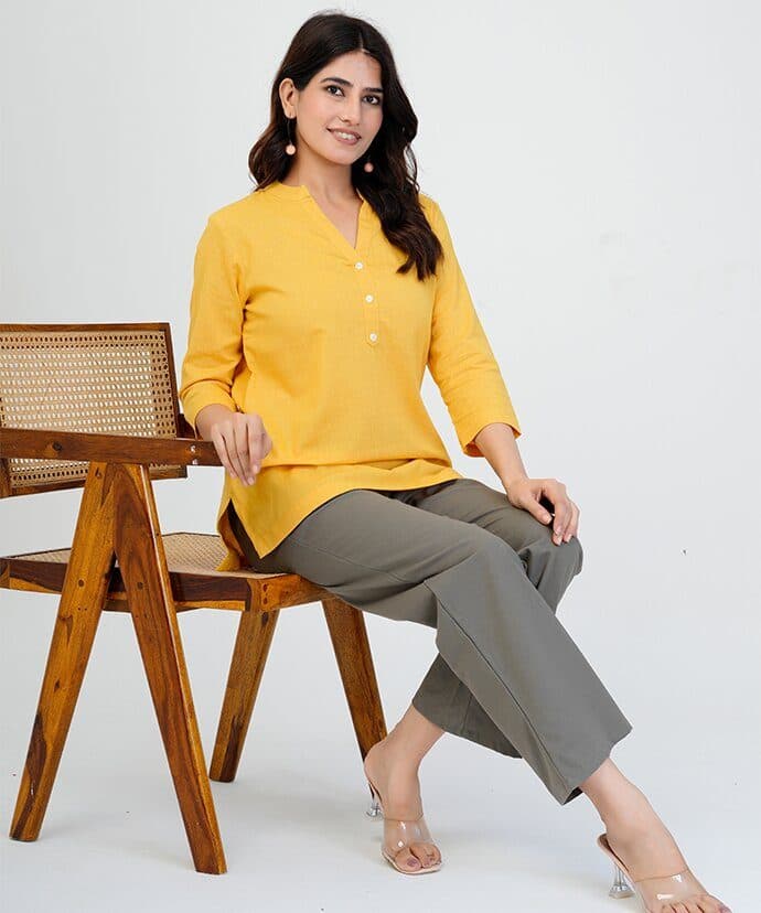 Yellow Airy Linen Short Kurta image 1