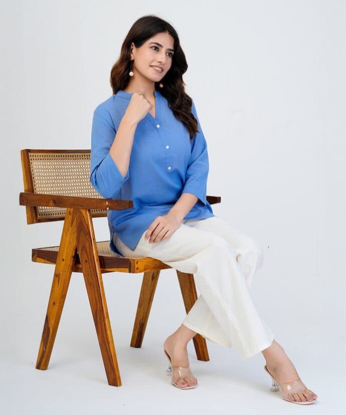Women’s Solid Sky Blue Kurti image 3