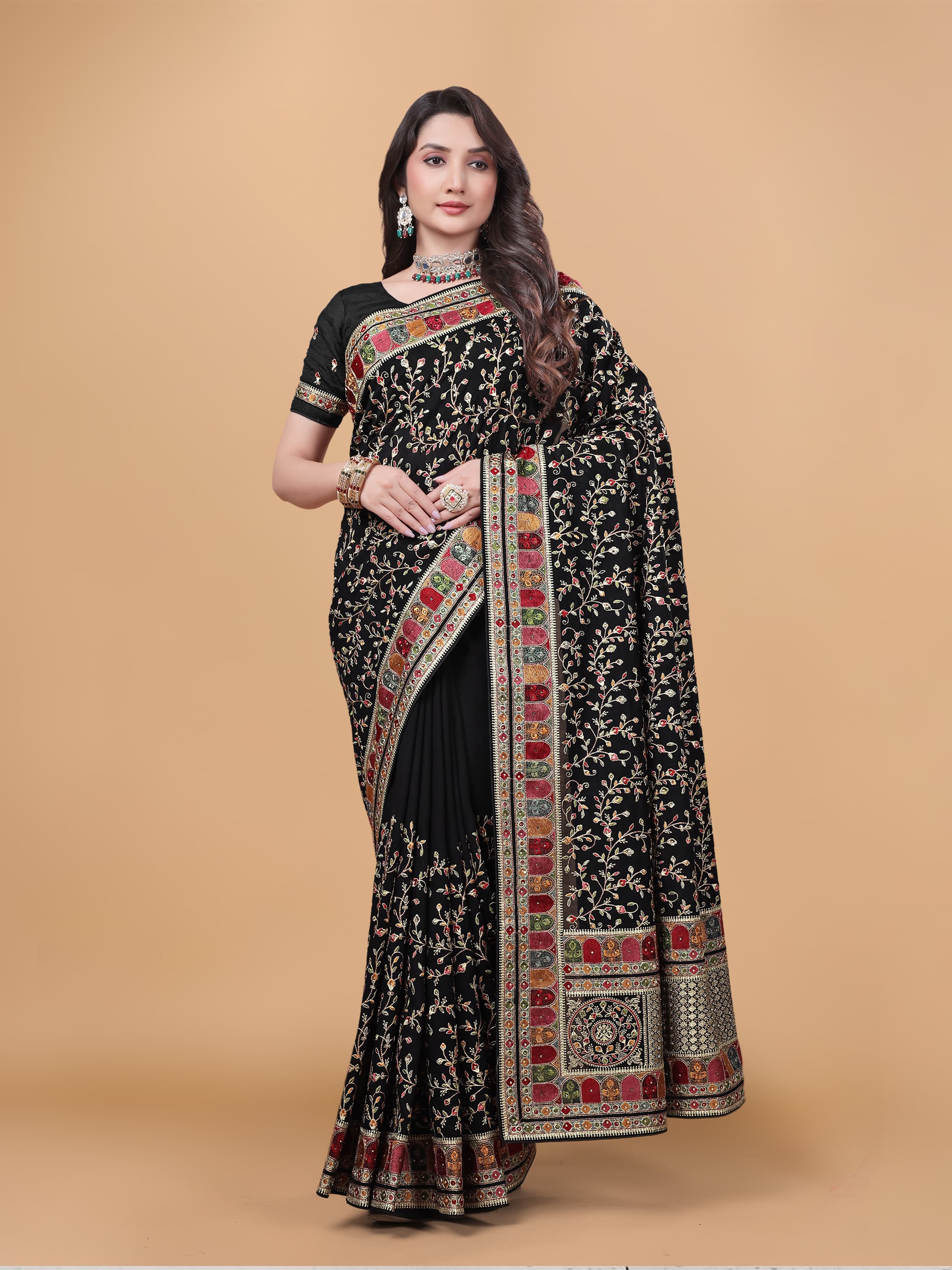 Ritual Styles Black Kashmiri Art Embroidered Vichitra Silk Saree image 1