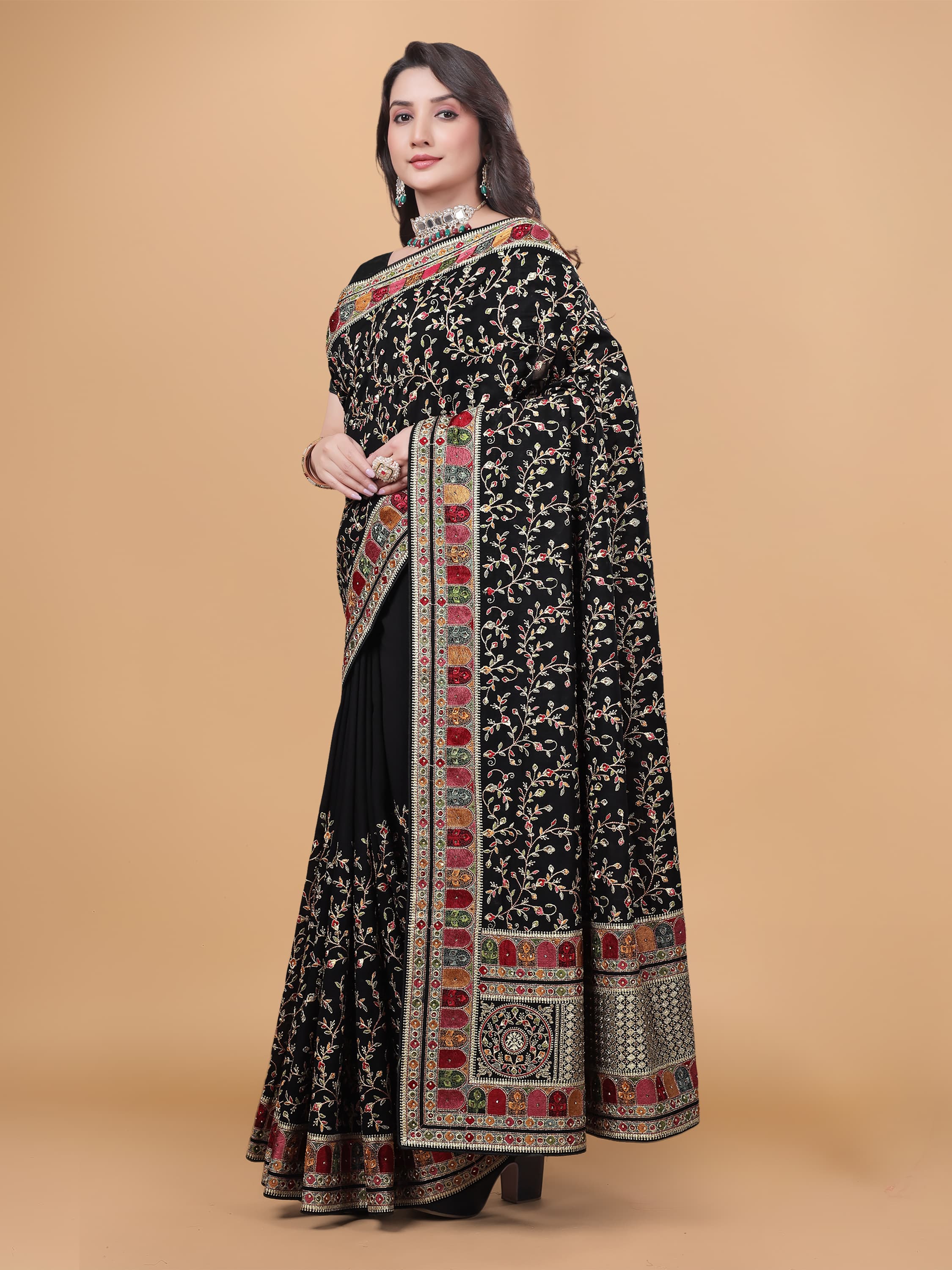 Ritual Styles Black Kashmiri Art Embroidered Vichitra Silk Saree image 2
