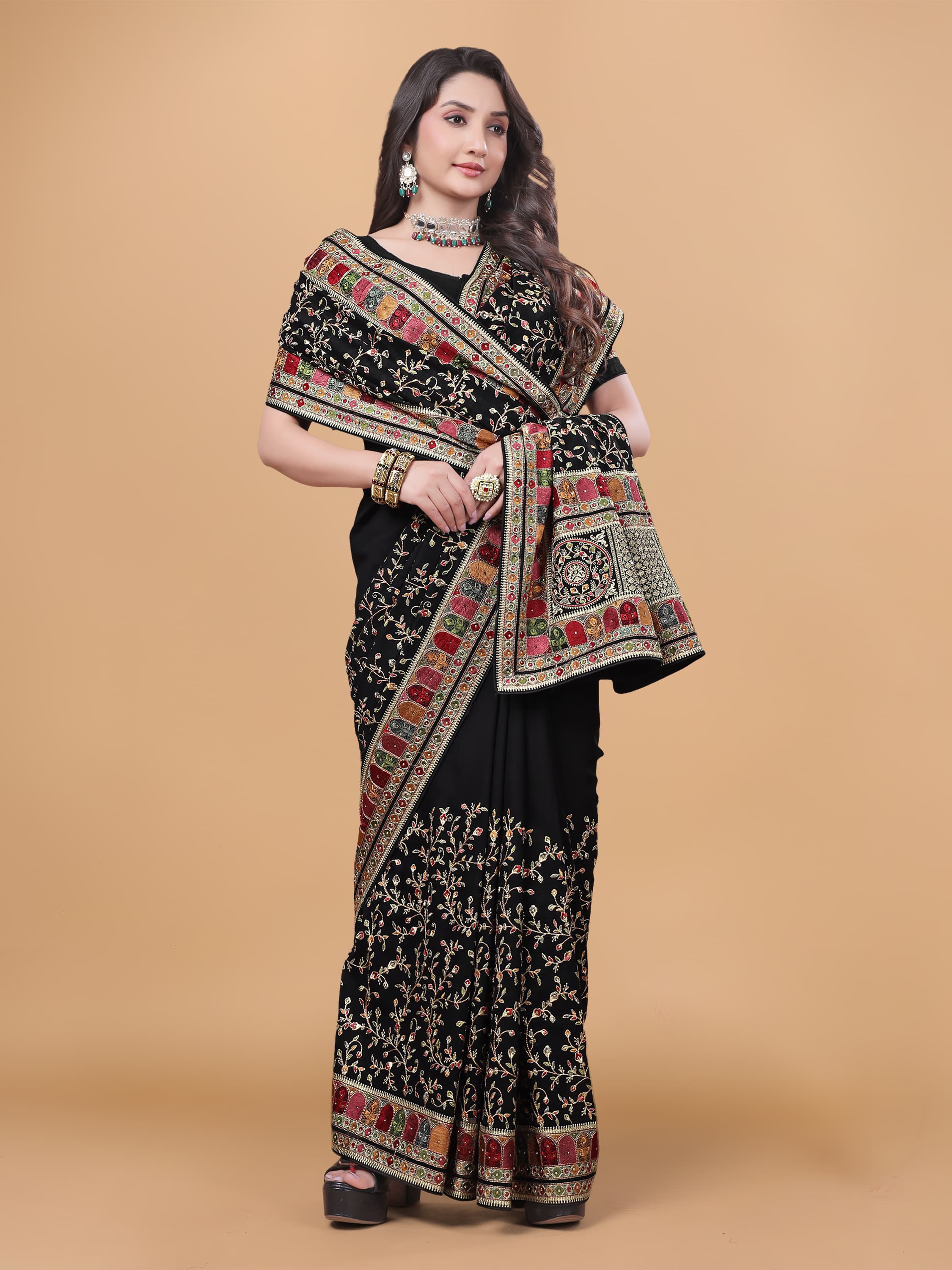 Ritual Styles Black Kashmiri Art Embroidered Vichitra Silk Saree image 5