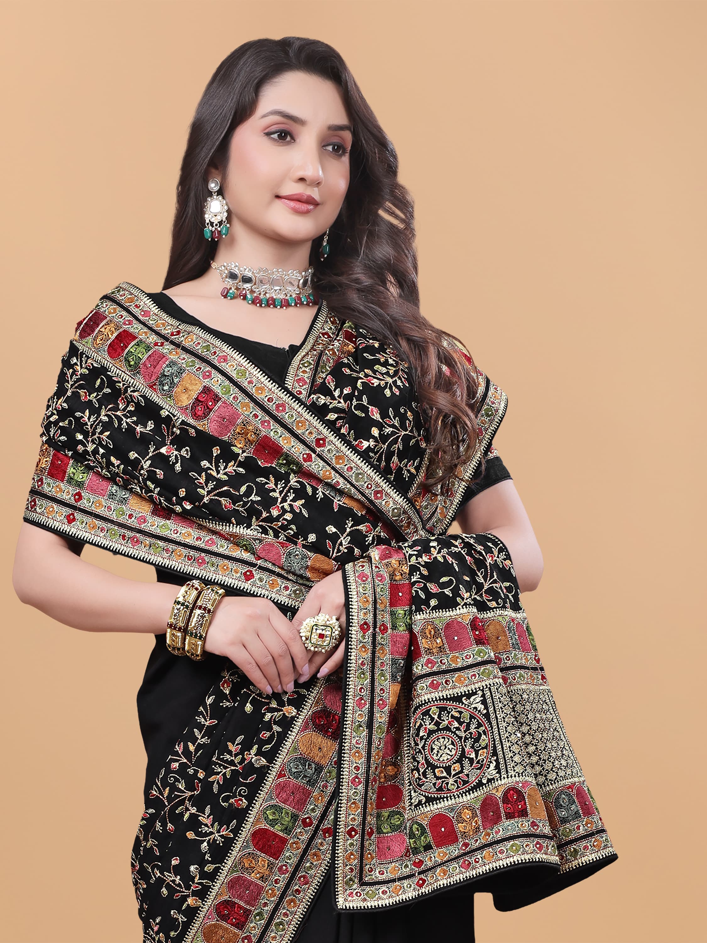 Ritual Styles Black Kashmiri Art Embroidered Vichitra Silk Saree image 3