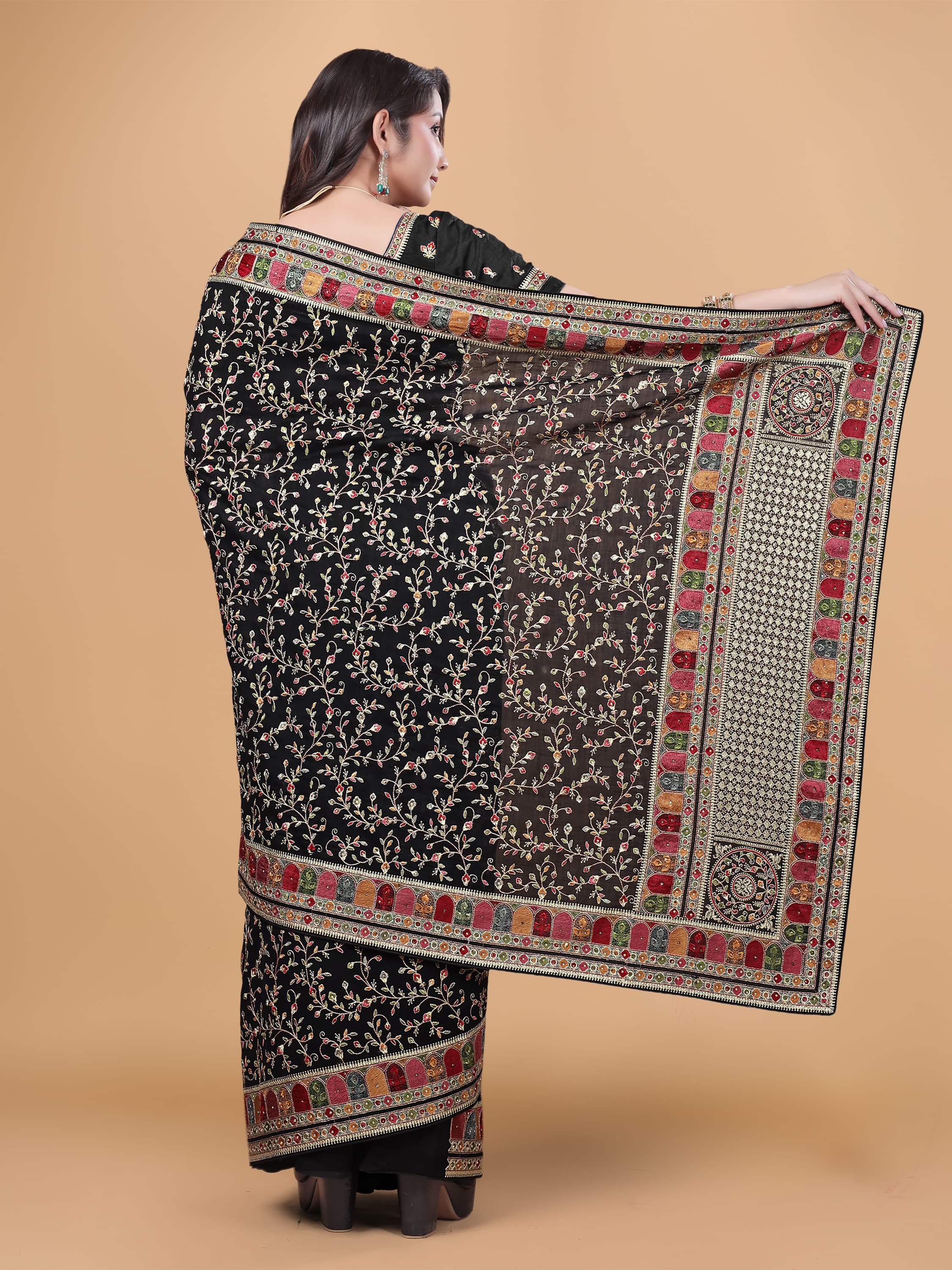 Ritual Styles Black Kashmiri Art Embroidered Vichitra Silk Saree image 7