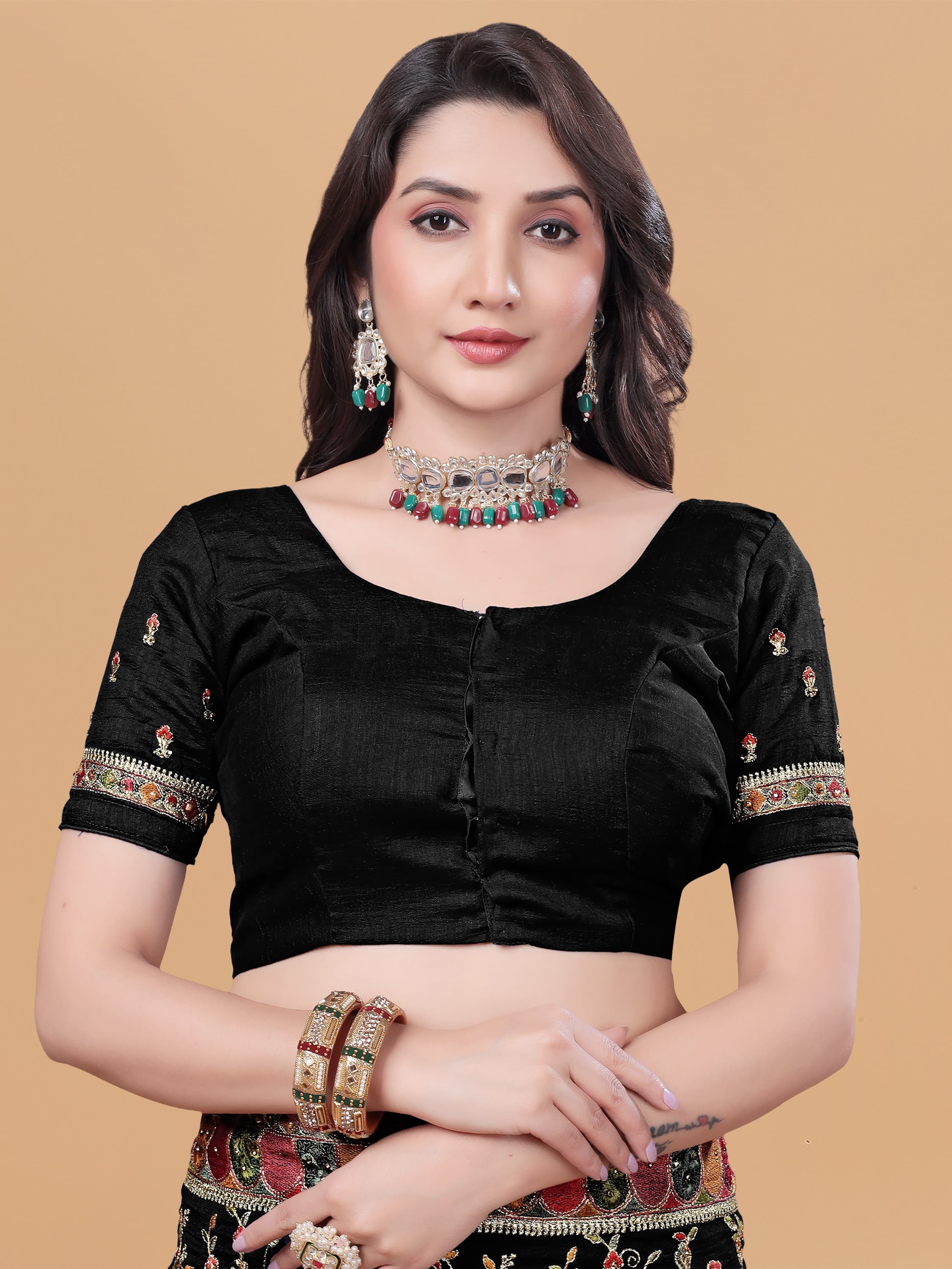 Ritual Styles Black Kashmiri Art Embroidered Vichitra Silk Saree image 4