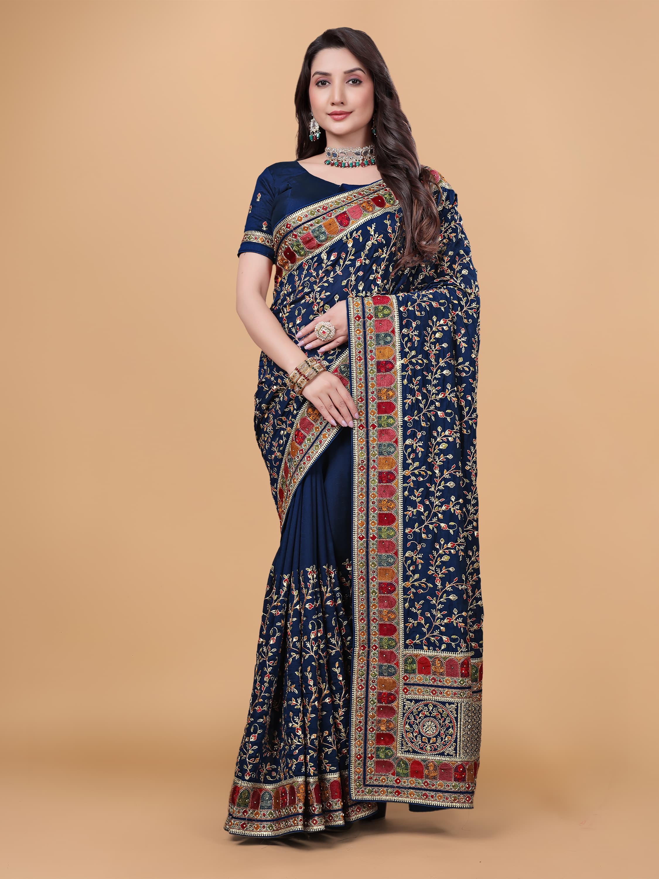 Ritual Styles Royal Blue Kashmiri Art Embroidered Vichitra Silk Saree image 4