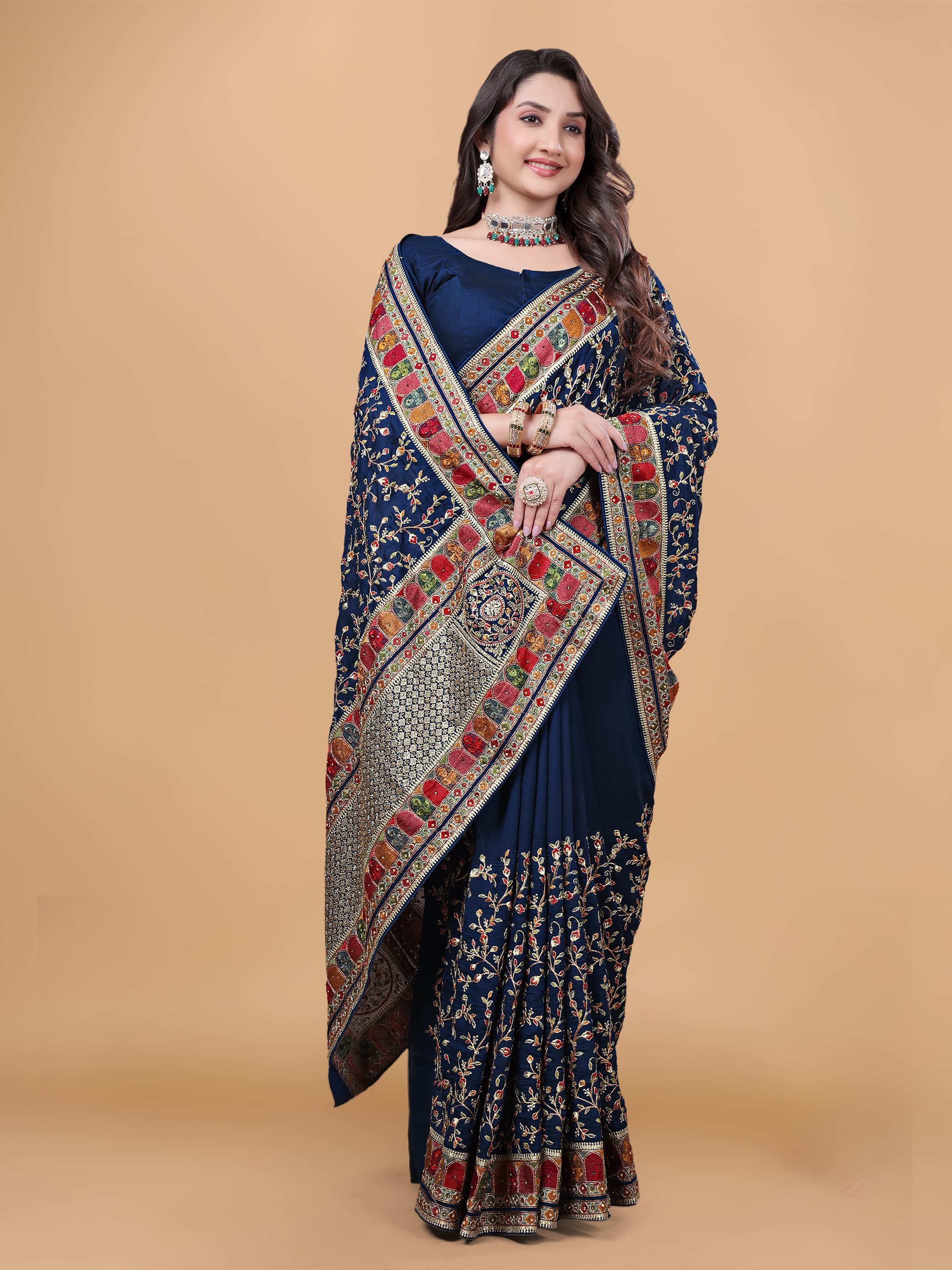 Ritual Styles Royal Blue Kashmiri Art Embroidered Vichitra Silk Saree image 7