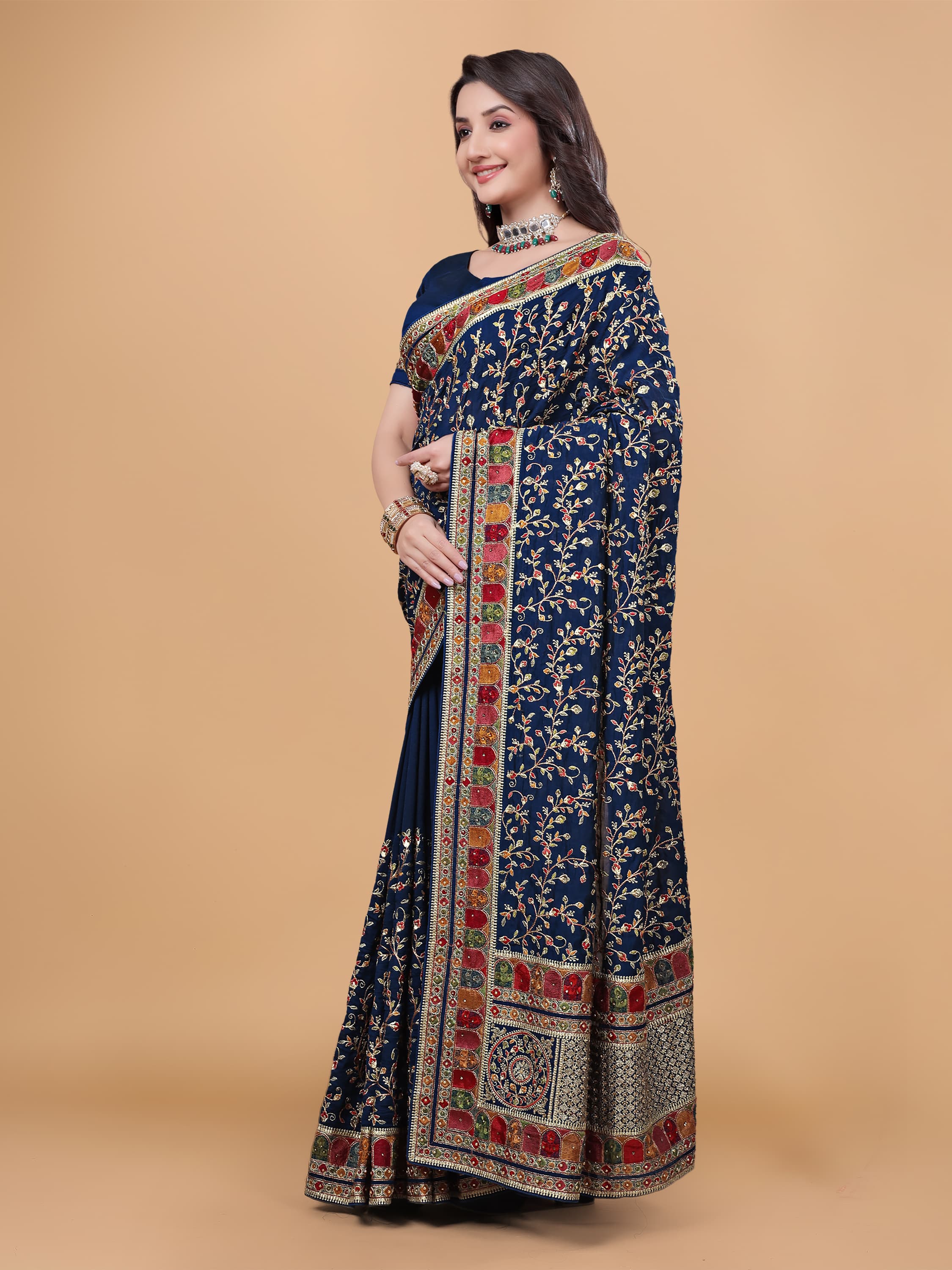 Ritual Styles Royal Blue Kashmiri Art Embroidered Vichitra Silk Saree image 1