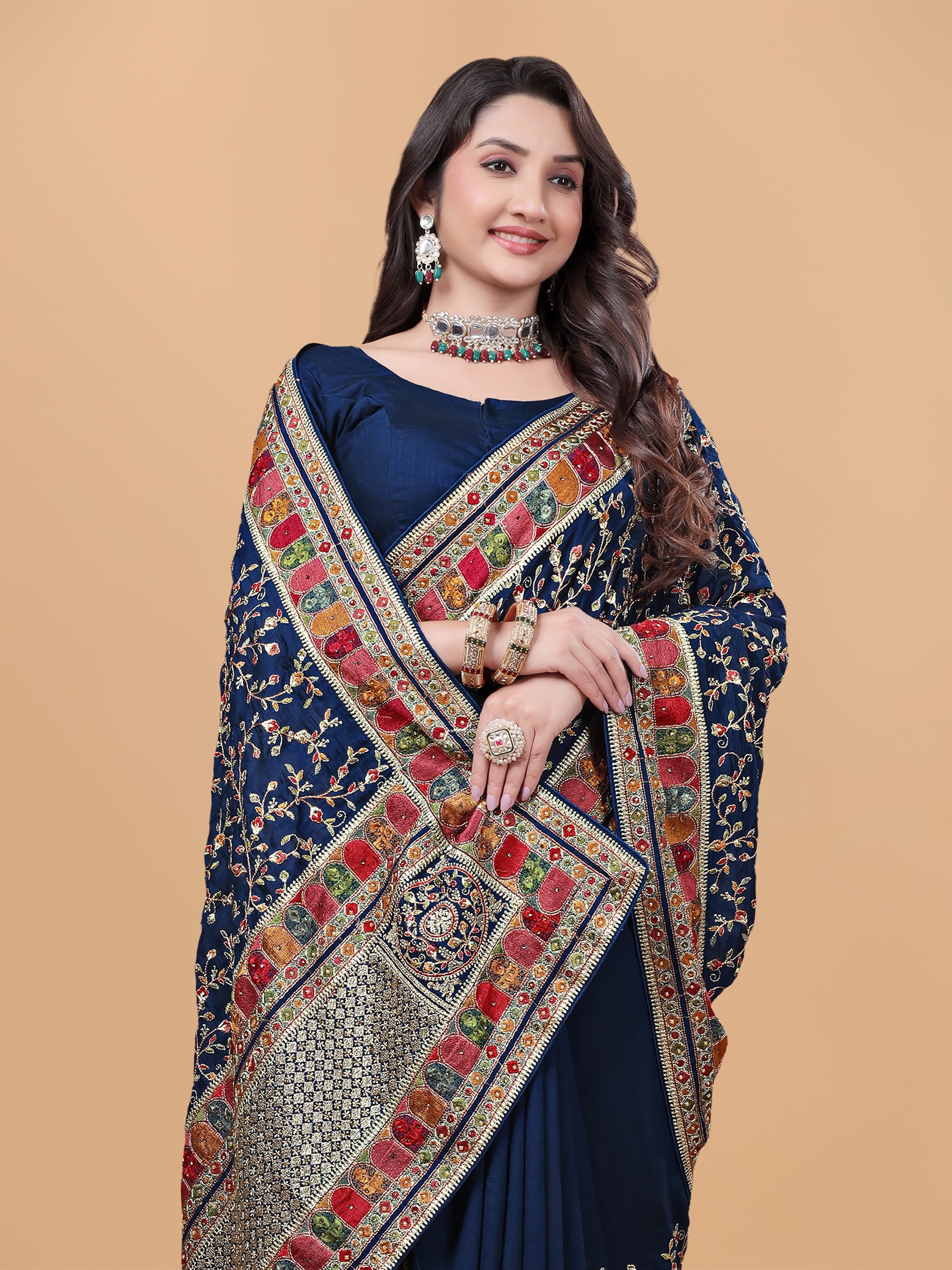 Ritual Styles Royal Blue Kashmiri Art Embroidered Vichitra Silk Saree image 3