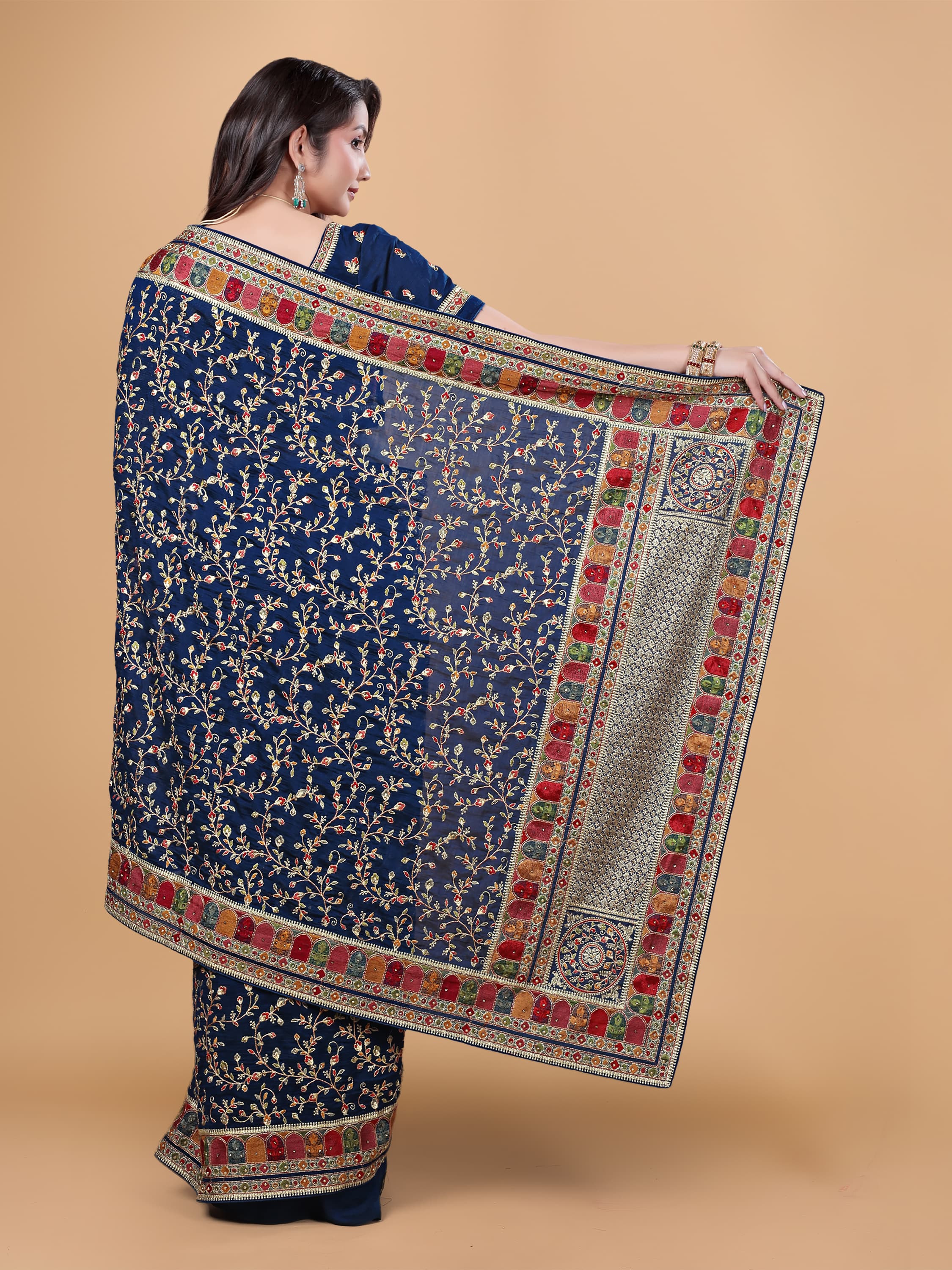 Ritual Styles Royal Blue Kashmiri Art Embroidered Vichitra Silk Saree image 5